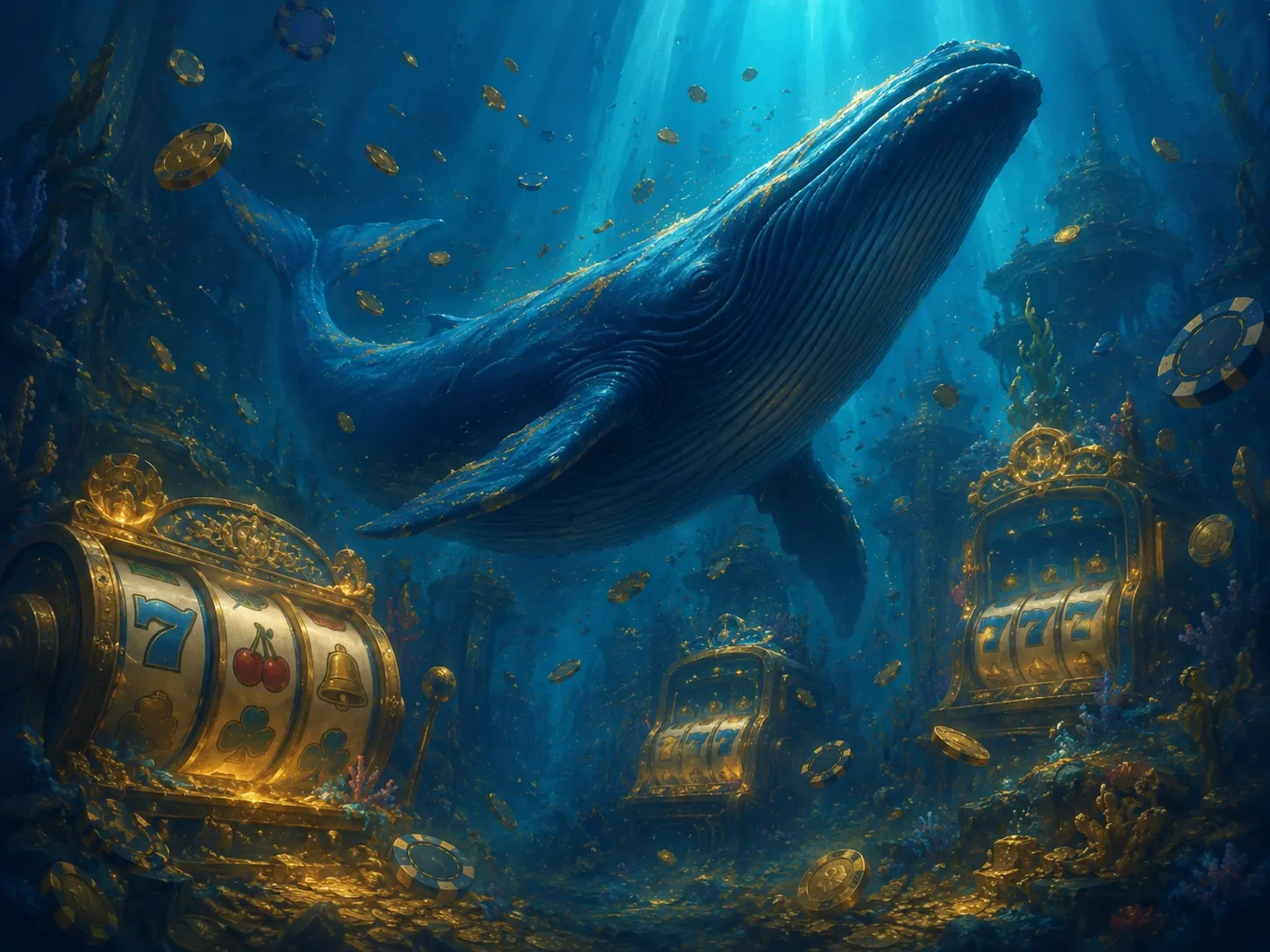 Underwater whale casino slot machines with coins and golden chips